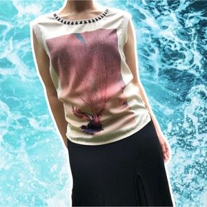 Maison Scotch Cruise Collection Back-Button Coral Graphic Beaded Tank, Size S